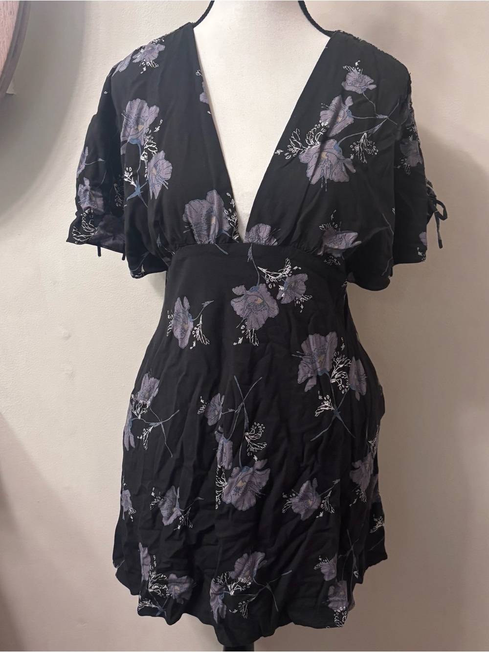 Free People Black Mini Dress with Lavender Floral Print